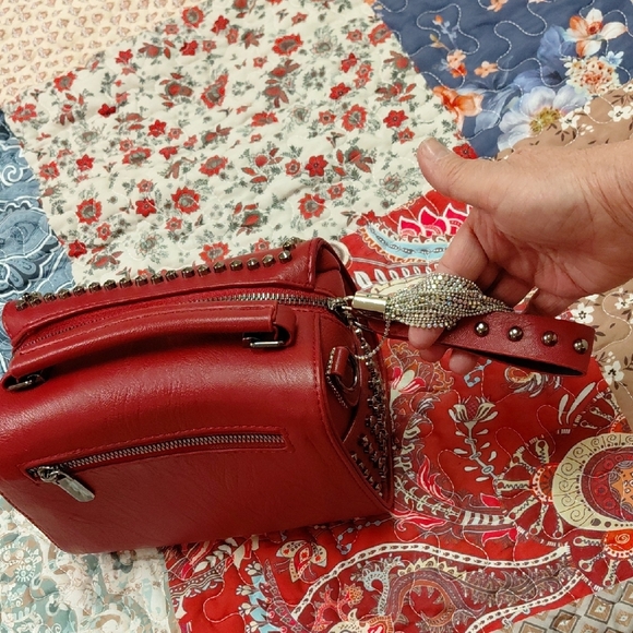 Stud-Trim Red Mini Top-Handle Bag with Tassel - Picture 4 of 6